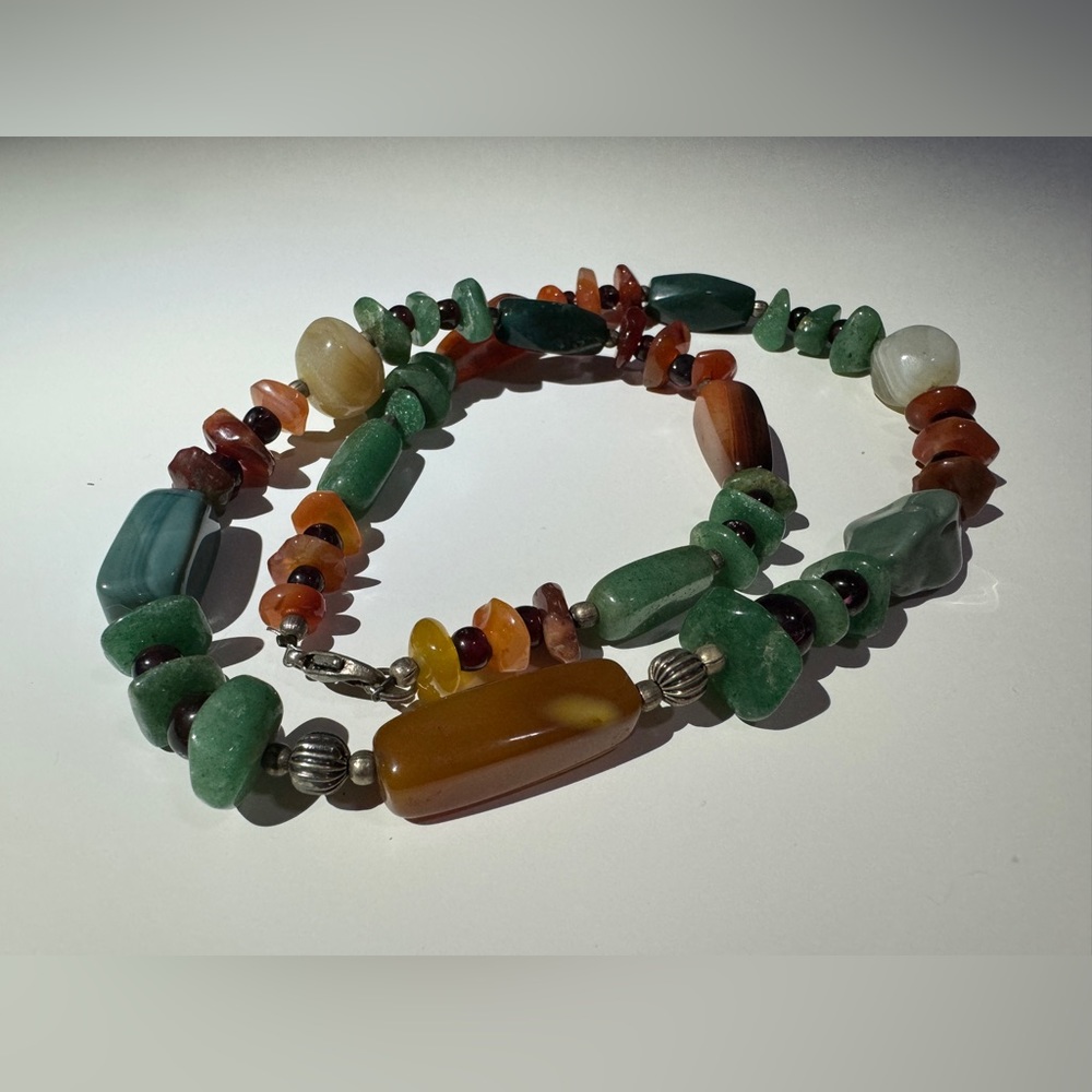 Vintage Polished Semi Precious Gem Stone Necklace 22” Lobster Claw Clasp
